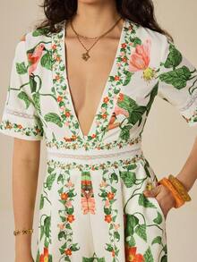 Felipe Marques Women's Floral Print Puff Sleeve Jumpsuit, Casual For Vacation, Party, Bohemian Style, Suitable For Spring And Autumn - Apricot - View 6