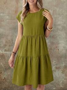 EMERY ROSE Vestido casual de manga corta con cuello redondo y largo medio, de aspecto de lino verde, para primavera/verano, informal - Multicolor - Ver 4