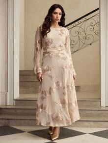 ZEYLAH Elegant Embroidered Mesh Long Sleeve Dress - Apricot - View 4