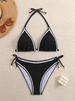 SHEIN Teen Girl Summer Swim Girl's Vacation Striped Trim Halter Neck Tie Sexy Bikini Set, 2pcs/Set,Summer Beach