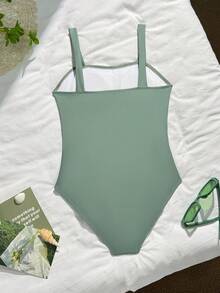 SHEIN Áo tắm liền thân thời trang mới, màu trơn, khoét eo dành cho tuổi teen - xanh quân đội - Xem 2