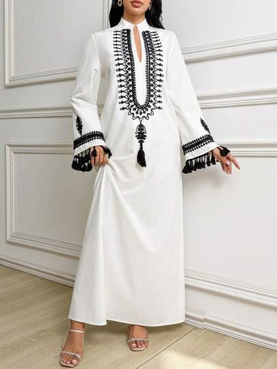 Yasmyna Women's V-Neck Patchwork Fringe Cuff Loose Arabic Style Dress