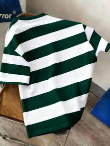 Manfinity Joysei 男士休闲绿白条纹熊猫图案T恤，适合上学、外出、送朋友 - 綠色 - 查看 4