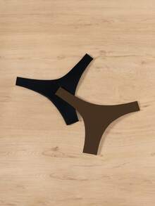 SHEIN Swim 2 piezas Conjunto de braguitas de bikini de unicolor, vacaciones en la playa - Marrón - Ver 2