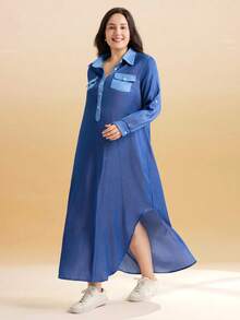 Momelise Plus Size Women Contrast Color Side Slit Long Sleeve Shirt Dress - Blue - View 7
