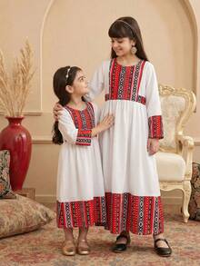 Young Girl Long Sleeve Ivory White Dress,Autumn Retro Print Patchwork Middle Eastern Kids Arabic Elegant Party Long Dresses,Family Matching Outfits - White - View 4