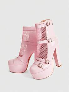 CUCCOO LuxiPop Women's Outdoor Round Toe Thick High Heel Waterproof Platform Mesh & PU Fabric Buckle Decor Fashion Comfortable Daily, Party, Nightclub Wear Zipper Back Sandal Boots Valentine's Day