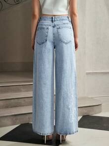 Selenza 女士花卉刺绣口袋阔腿宽松休闲牛仔裤 - 藍色 - 查看 2