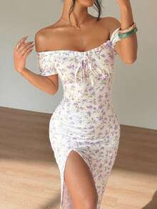 Sunnyshic Vestido de mujer con hombros descubiertos y abertura lateral con estampado floral ditsy - Multicolor - Ver 3