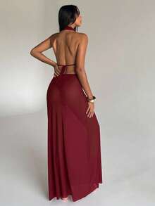 Aloruh 女士度假连衣裙，纯色茄紫色，深V垂褶领口，性感优雅露背吊带裙，女士罩衫，女士沙滩装 - 紅色 - 查看 2