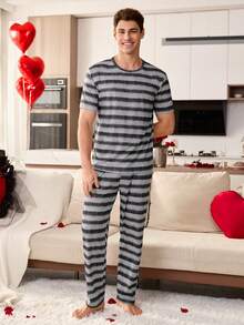 SHEIN Men's Casual Striped Print Round Neck Short Sleeve Pajama Set - Multicolor - View 4