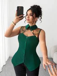 Elenzga 大码女式优雅刺绣网纱拼接衬衫领镂空腰部雪纺上衣，方领A字版型，显瘦显瘦，撞色拼接，优雅精致，适合情人节、返校季、毕业典礼、节日、母亲节、万圣节、感恩节、复活节、国庆节、舞会、约会、派对、婚礼、郊游等场合。 - 綠色 - 查看 1