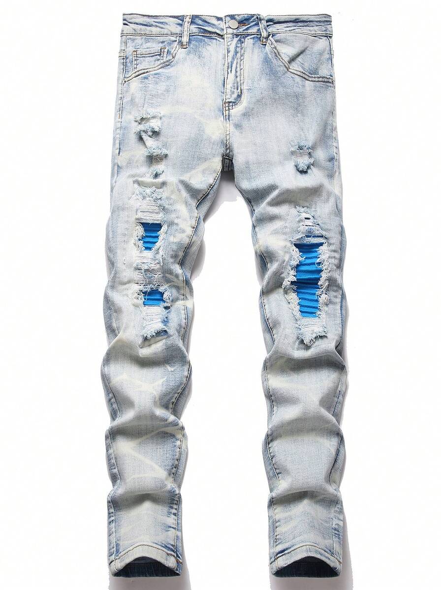 Manfinity Roughcore 男士休闲时尚街头破洞拼接条纹做旧水洗牛仔裤 - 淺色水洗藍 - 查看 1