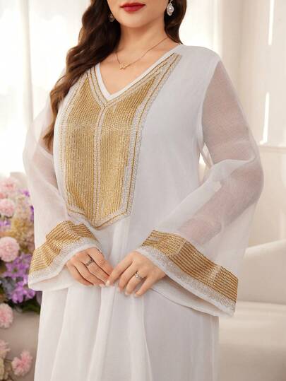 SHEIN Najma Plus Size Women's Elegant Turkish Style Maxi Dress, Fashionable Lightweight Luxury Slimming Arabic Traditional Kaftan