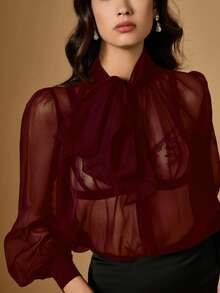 Women's Elegant Sexy Sheer Mesh Tie Neck Blouse - Red - View 10