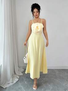 Rafferiza 优雅别致性感吊带露肩3D立体花卉装饰收腰A字长裙，适合春夏穿着 - 黃色 - 查看 5