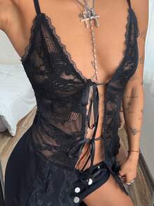 StreetHx 女士千禧年代风格蕾丝拼接荷叶边性感无袖长款背心，休闲街头风 - 黑色 - 查看 6