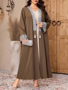 Al Najma Plus Size Women's Fashion Resort Style Sequin Lace Patchwork Tassel Decor Flare Sleeve Loose Arabic Abaya Robe - Army Green - View 5