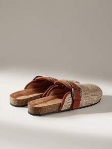 Solecia Women's Woven Textured Strap Buckle Decor Round Toe Slip-On Backless Flat Sandals, Comfortable Minimalist Design For Vacation, Brown, Versatile For Commuting And Casual Wear - Brown - View 4