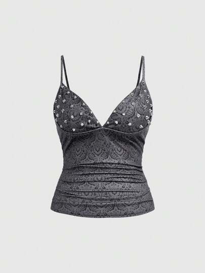 ROMWE Grunge Punk Plus Size Women Dark Graphic Print PUNK Rivet Patchwork Camisole