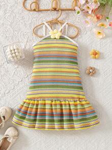 SHEIN Elladie kids Đầm hai dây hở lưng kẻ sọc cầu vồng ngọt ngào, thời trang cho bé gái, trang phục đi nghỉ hè. - Màu Mù tạt vàng - Xem 3