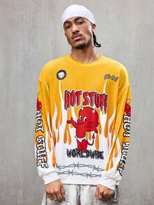 SHEIN HOT STUFF Men's Casual Street Flame & Letter Graphic Loose Fit Long Sleeve T-Shirt, Suitable For Daily Commute, Spring/Autumn - Pale Yellow - View 4