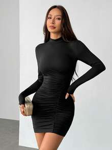 SHEIN PETITE 纯色露背侧褶皱修身连衣裙 - 黑色 - 查看 5