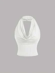 SHEIN MOD Top casual da donna a 3 modi di indossare, colore unito, aderente, adatto per l'estate. Top con scollo a cappuccio, top spalle scoperte, top estetico, adatto per festival, campagna, vacanze al mare, tea festa, modesto, ballo di fine anno, carino. - Bianco - Visualizzare 2