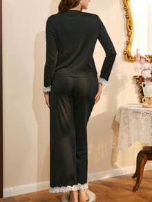 Elegant French Lace Sleepwear, Romantic Lace Patchwork Sleepwear With Ruffle Hem, Charming Ladies Sleepwear Set - Black - View 2