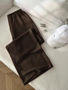 Elamini 女士复古纹理宽松低腰休闲裤，修身纯色直筒裤，春季百搭单品 - 棕色 - 查看 2