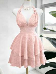 Elenzga New Women's Halter Twist Design Knitted Elastic Textured Fabric Asymmetrical Hem Double Layer Design Vacation & Date Casual Mini Dress, Spring/Summer - Pink - View 7