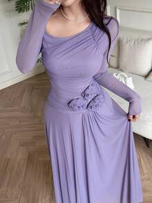 Feyla Women's Solid Color Asymmetric Neckline Ruched Long Sleeve Dress - Purple - View 5