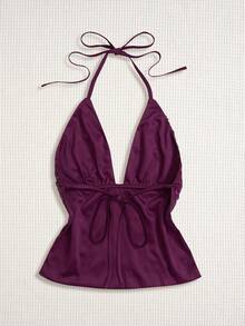 Sweetra Top sin espalda con cuello en V y diseño de lentejuelas, elegante y versátil para fiestas y reuniones - Morado - Ver 3