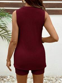 Boho Mama 2pcs Maternity Casual Solid Color Ribbed Knit Tank Top And Adjustable Waist Shorts Set, Summer - Burgundy - View 2