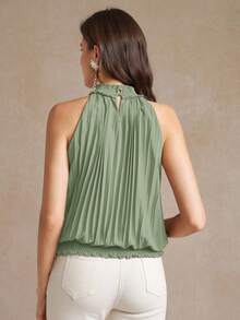 Amorya Blusa elegante sin mangas de unicolor y plisada, para verano - verde menta - Ver 2