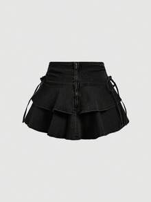 SHEIN MOD Falda vaquera de mujer con cintura con cordón y dobladillo con volantes en capas, de moda - Negro - Ver 2