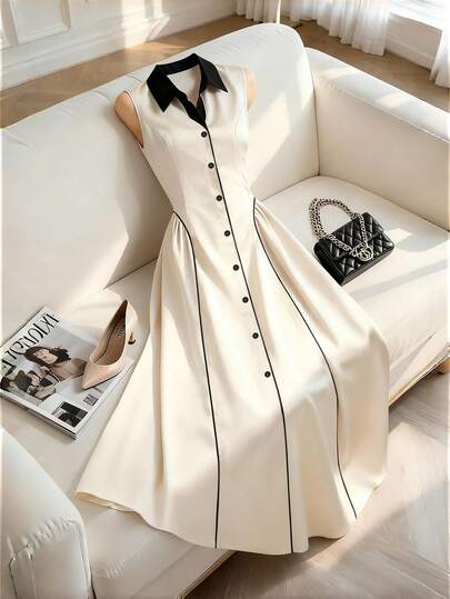 Franclia Women's Elegant French Style Contrast Color Collar Sleeveless Shirt Dress, Suitable For Work And Casual Wear
