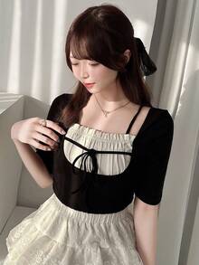 Áo thun 2 trong 1 phối màu tương phản, xếp ly, thắt dây rút, dáng ôm, đa năng, thích hợp cho mùa hè. - màu đen - Xem 5