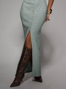 MISSGUIDED Mock Neck Cap Sleeve Button Front Ribbed Knit Midaxi Dress With Side Slit - Green - View 5
