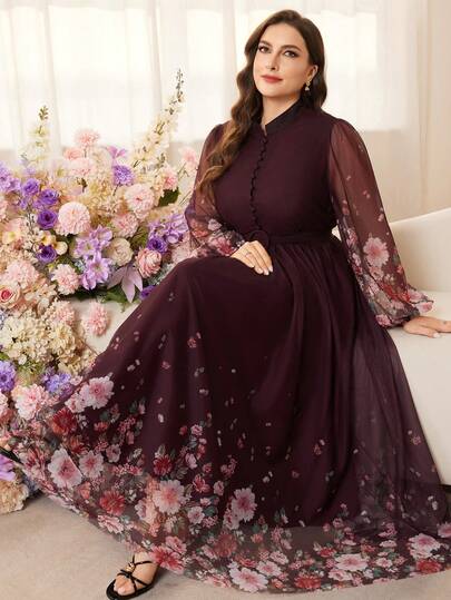 Modelyn Vestido maxi elegante de manga larga con estampado floral, parches de malla y corte evasé para vacaciones, talla grande