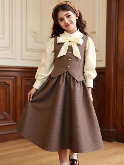 SHEIN Flickkläder för barn i söt och damlik stil, L-modell, tvådelad kostym, två fusktoppar, rosett, kardborreband för att dekorera halsringningen, A-formad kjol, lämplig för vår- och höstskjortkostym, dagliga pendlingskläder