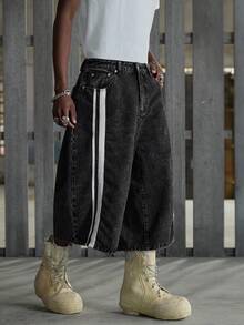 NEON BLANC Men's Casual Washed Denim Drawstring Knee Length Shorts - Black - View 1