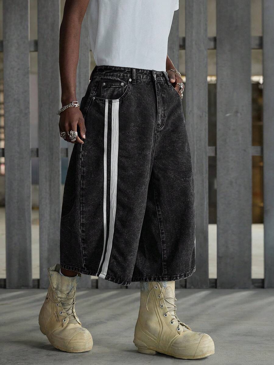 NEON BLANC Men's Casual Washed Denim Drawstring Knee Length Shorts - Black - View 1