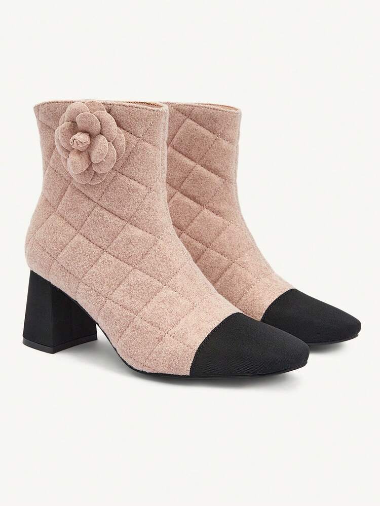 CUCCOO CHICEST Contrast Color Pointed Toe Floral Decor Elegant High Heel Ankle Boots Valentine's Day