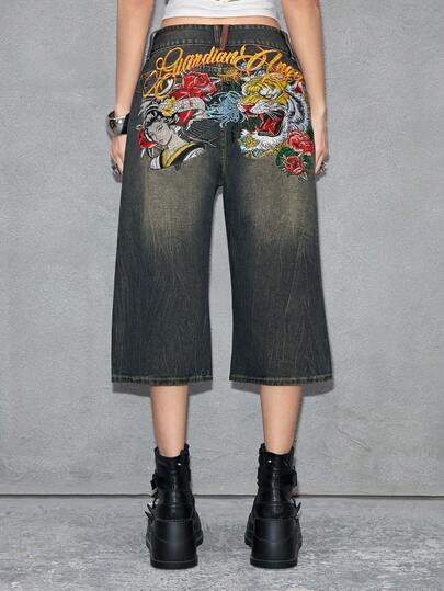 ROMWE J-Fashion 复古风中腰阔腿牛仔裤，女款，饰有英文刺绣虎头和艺伎图案，新款中国风