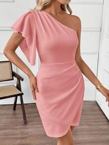 Miaspire Women's Elegant Solid Color Wrap Around Sleeveless Mini Dress, Summer Vacation Outfit For Women Spring Sunmmer One Shoulder Dress One Sleeve Dress - Dusty Pink - View 4