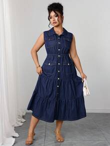Elenzga Đầm denim không co giãn màu xanh navy thanh lịch và thoải mái dành cho nữ cỡ lớn - Rửa tối - Xem 3