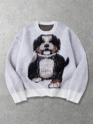 Men's Dog Jacquard Knit Crew Neck Casual Loose Sweater