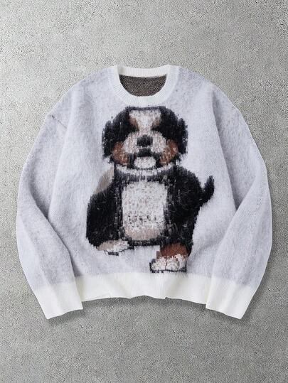 Men's Dog Jacquard Knit Crew Neck Casual Loose Sweater