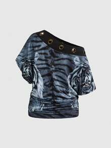 ROMWE Hippie Vintage Tiger Print Patchwork Eyelet Detail Women Top - Black - View 2